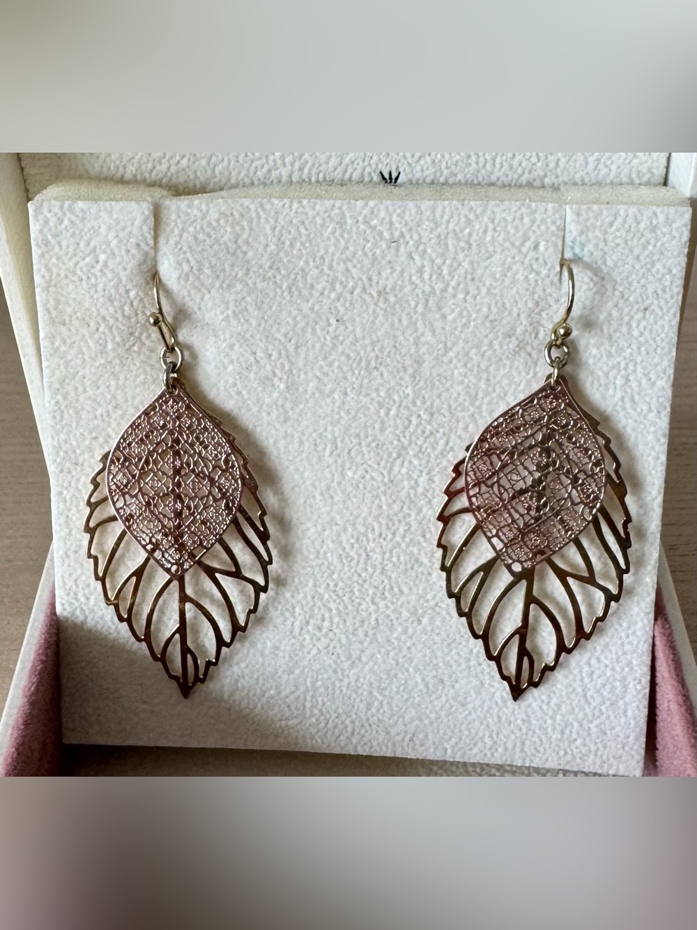 Delicate Rose / Gold-Tone Cut-Out Leaf Filigree Drop Earrings
